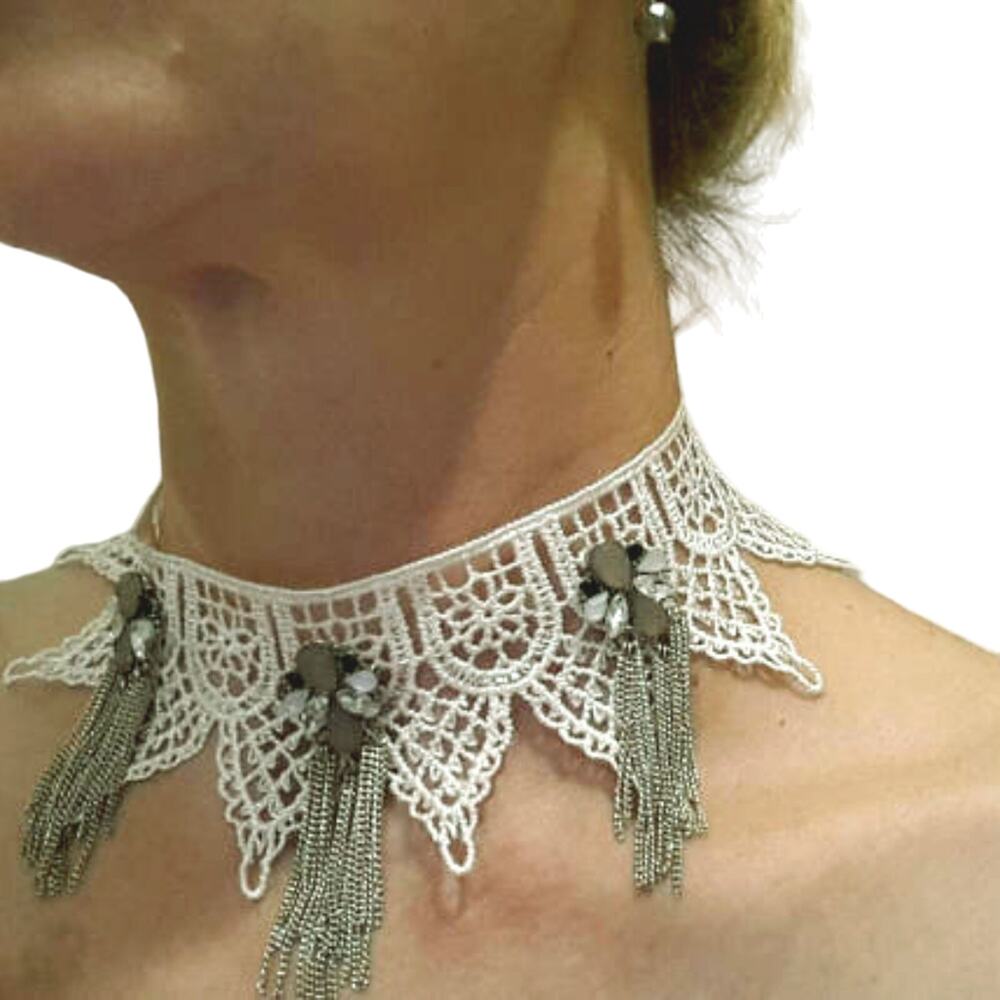 Lace‎ Choker Ivory Wedding Steampunk Fairygoth Bohemian Festival Glam Beaded NEW